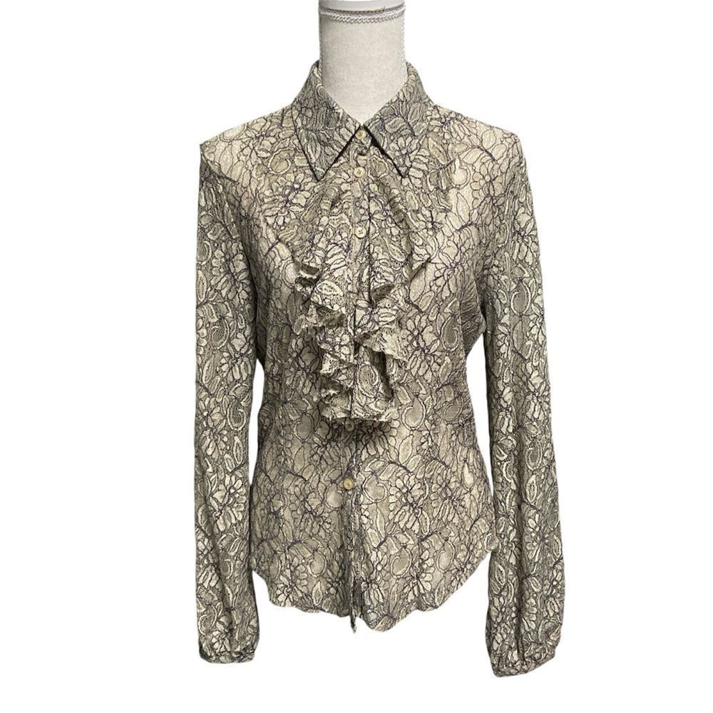 Spiegel Vintage Lace Button Front Blouse Ruffle Yoke long sleeve Collared Sz  10